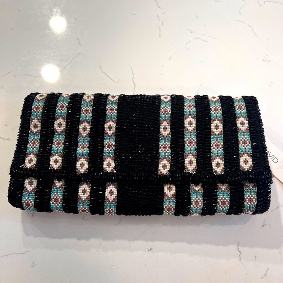 NWT David Jeffery Crossbody  Bag Beaded Black & Multicolor Aztec - Picture 1 of 6